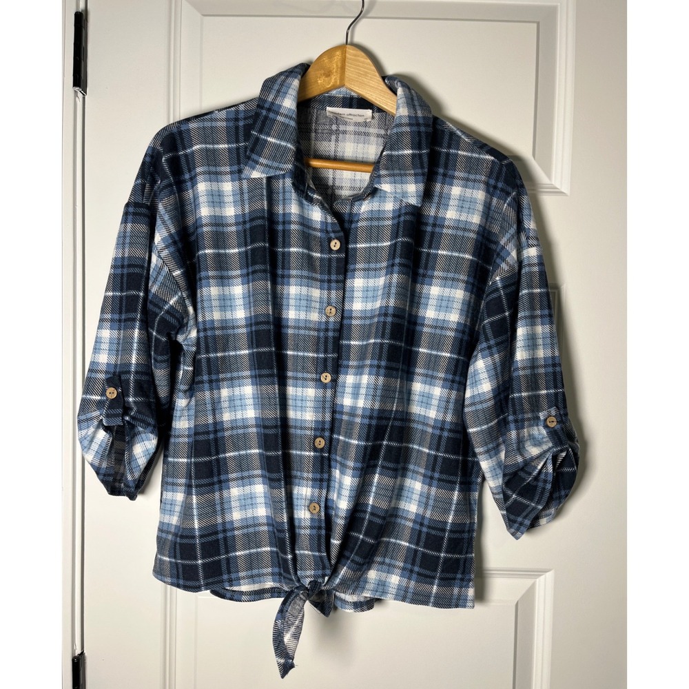Modern Attraction Blue Plaid Tie Front Roll Tab Sleeve Button Down Shirt XL